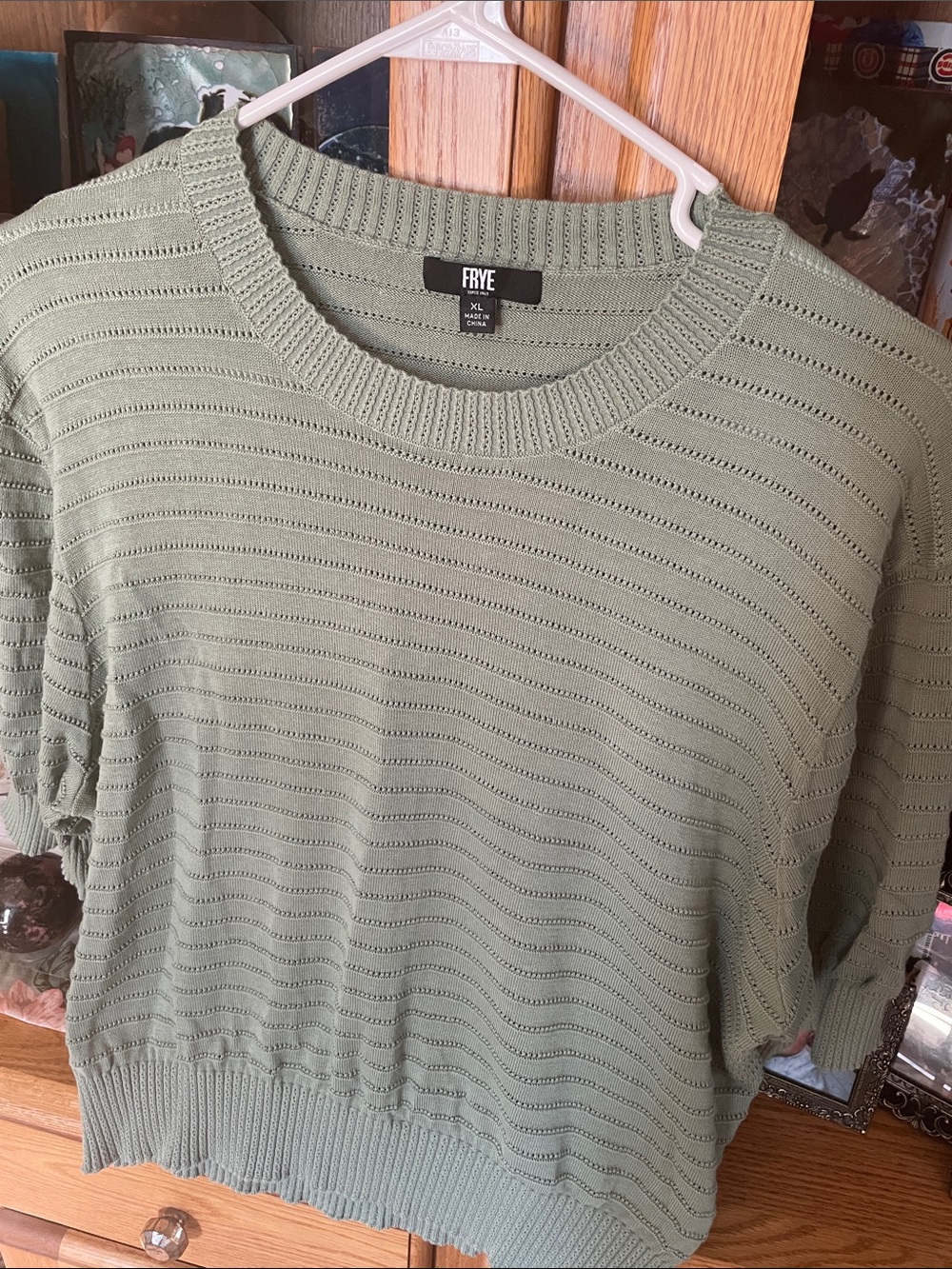 Frye Light Sage Openwork Knit Short-Sleeve Sweater